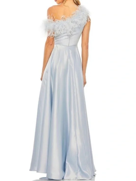 NWT Mac Duggal Sz 4 Feather-Trim One-Shoulder Powder Blue Gown 11684 - Picture 2 of 4